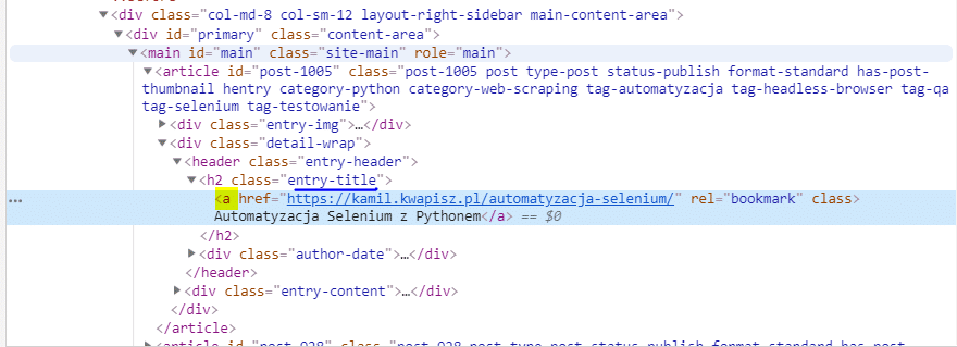 kod html tytułów artykułów